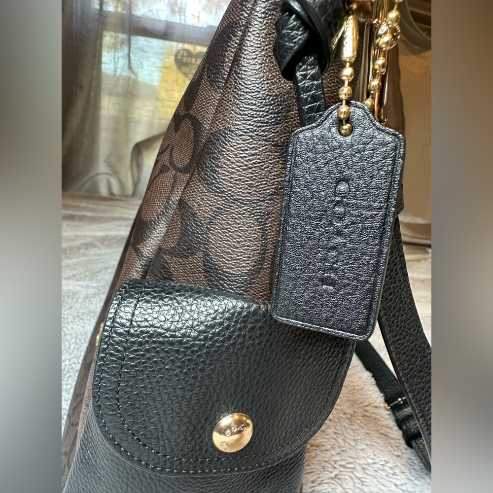 Coach Pennie Brown Black Signature Coated Canvas Shoulder Handbag Purse - Picture 5 of 16